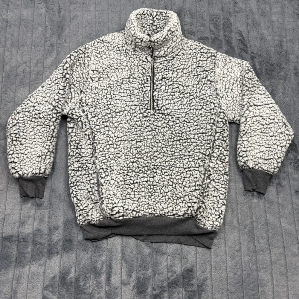 Express Mens Faux Fur Sherpa Quarter Zip Pullover Fleece Grey White M RN55285